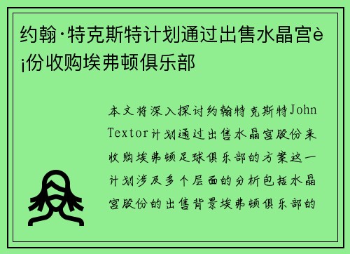 约翰·特克斯特计划通过出售水晶宫股份收购埃弗顿俱乐部 约翰·特克斯特计划通过出售水晶宫股份收购埃弗顿俱乐部